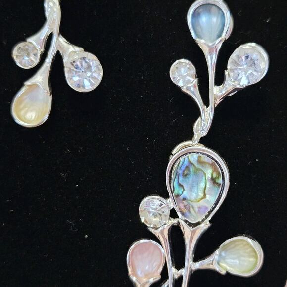 Vtg Abalone Necklace Earring Set Silvertone Pink Abstract 3D Balloons Romance - Picture 5 of 12